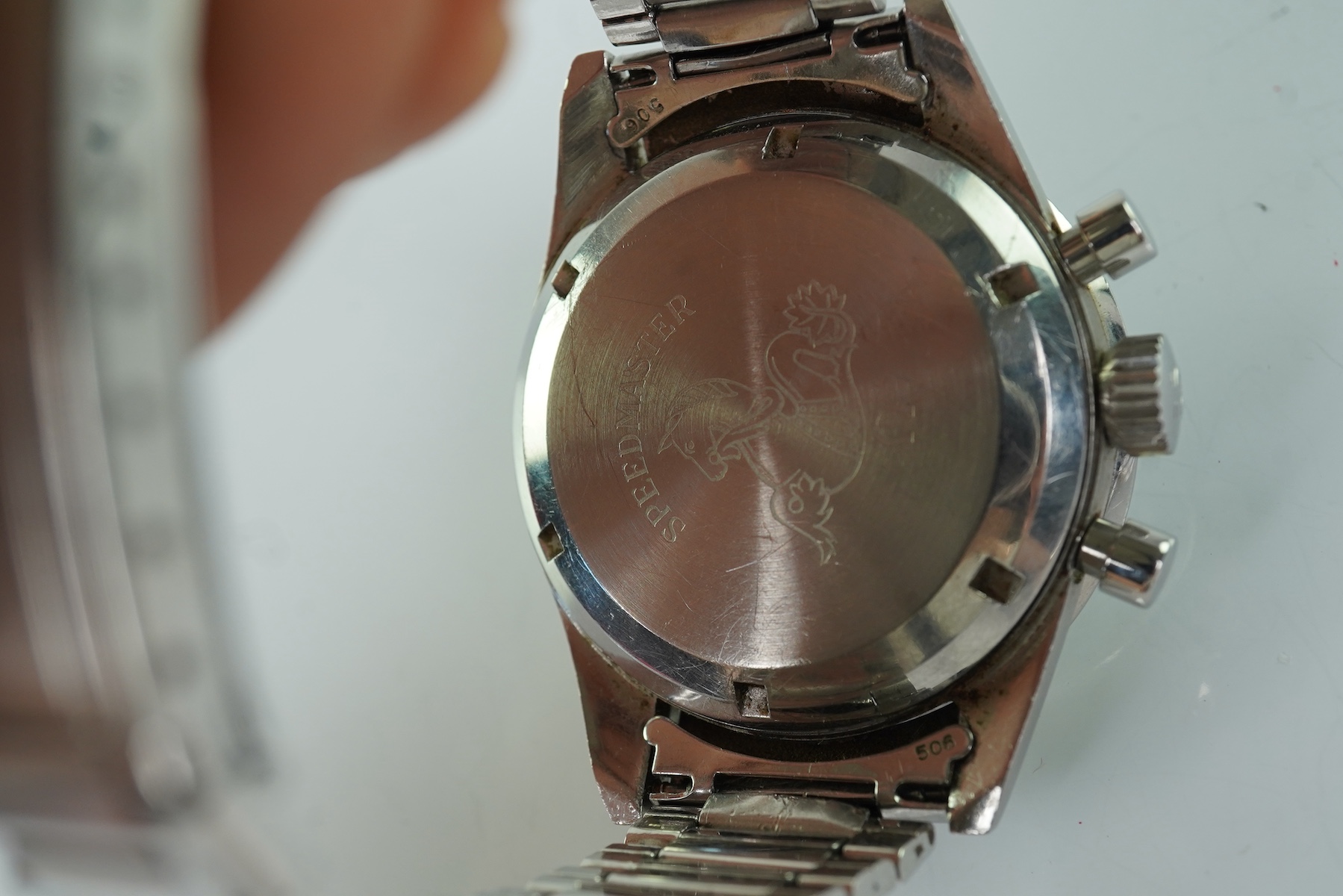 A gentleman's early 1967 stainless steel Omega Speedmaster 'Ed White' pre moon chronograph manual wind wrist watch